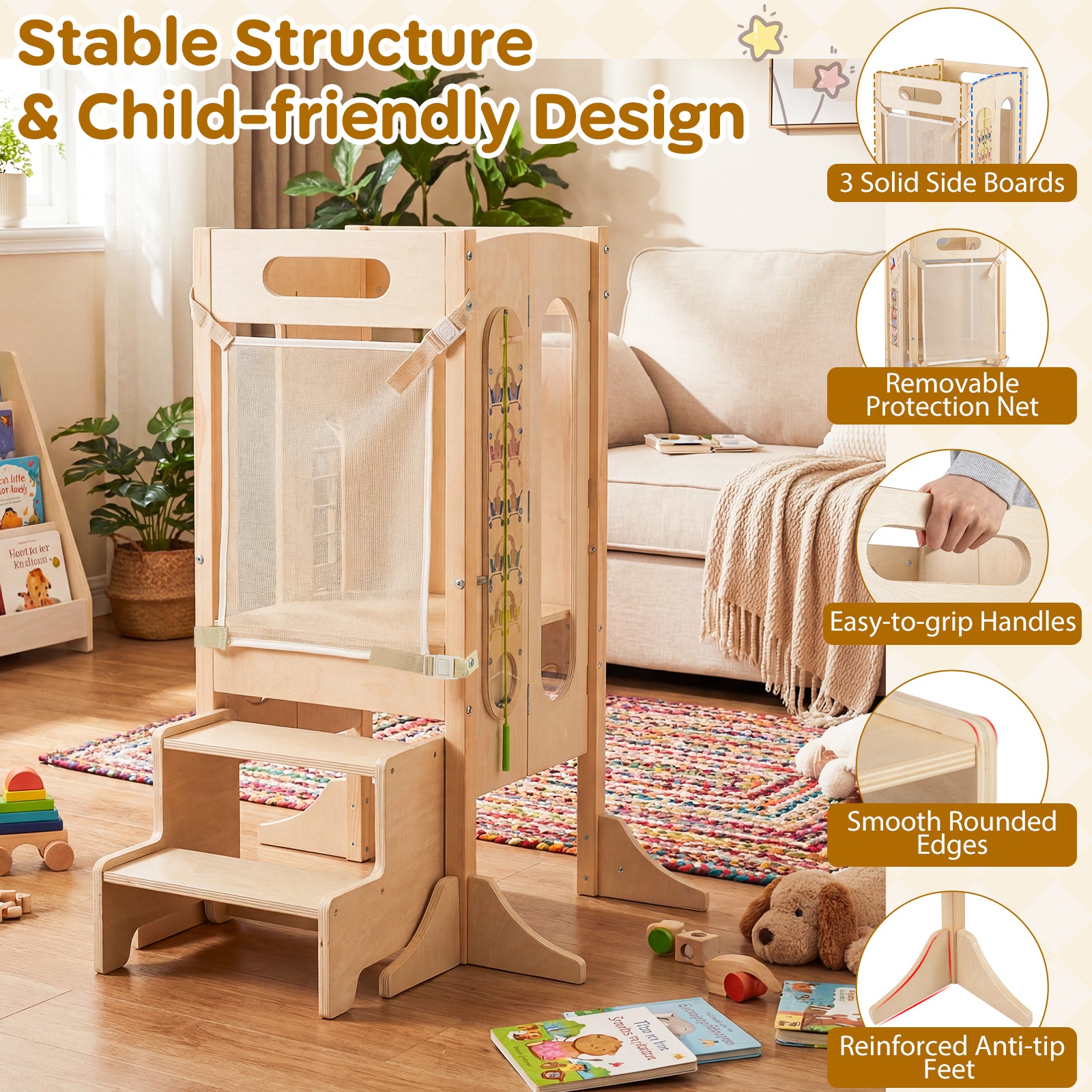 Foldable Toddler Tower with 2-Step Stool and Safety Net for 3+ Years Old Toddler & Kids Furniture at Gallery Canada