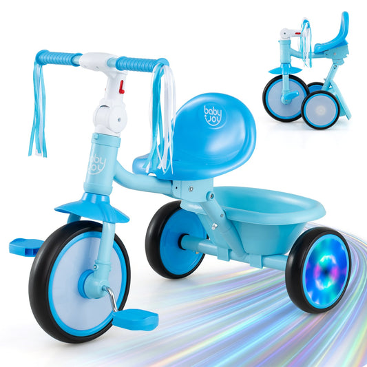 Foldable Toddler Tricycle, Lighting Wheels, Basket, 2-5 Years, Blue Push & Pedal Ride On Toys Blue at Gallery Canada