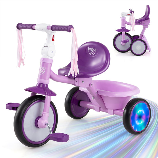Foldable Toddler Tricycle, Lighting Wheels, Basket, 2-5 Year, Purple Push & Pedal Ride On Toys Purple at Gallery Canada