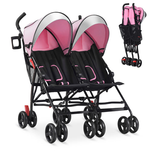 Foldable Twin Baby Double Stroller, Ultralight Umbrella, Pink