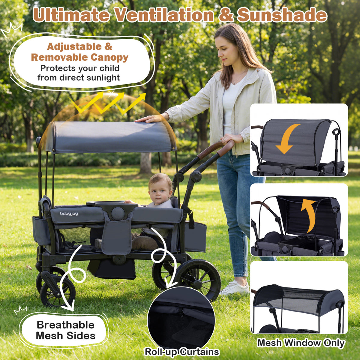 Foldable Wagon Stroller For 2 Kids, Double Seater, Removable Canopy, Gray Baby Strollers at Gallery Canada