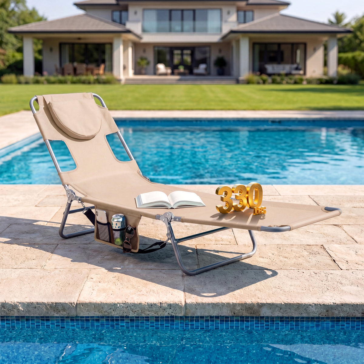 Folding Beach Lounge Chair, Adjustable Backrest, Beige Beach & Lawn Chairs at Gallery Canada