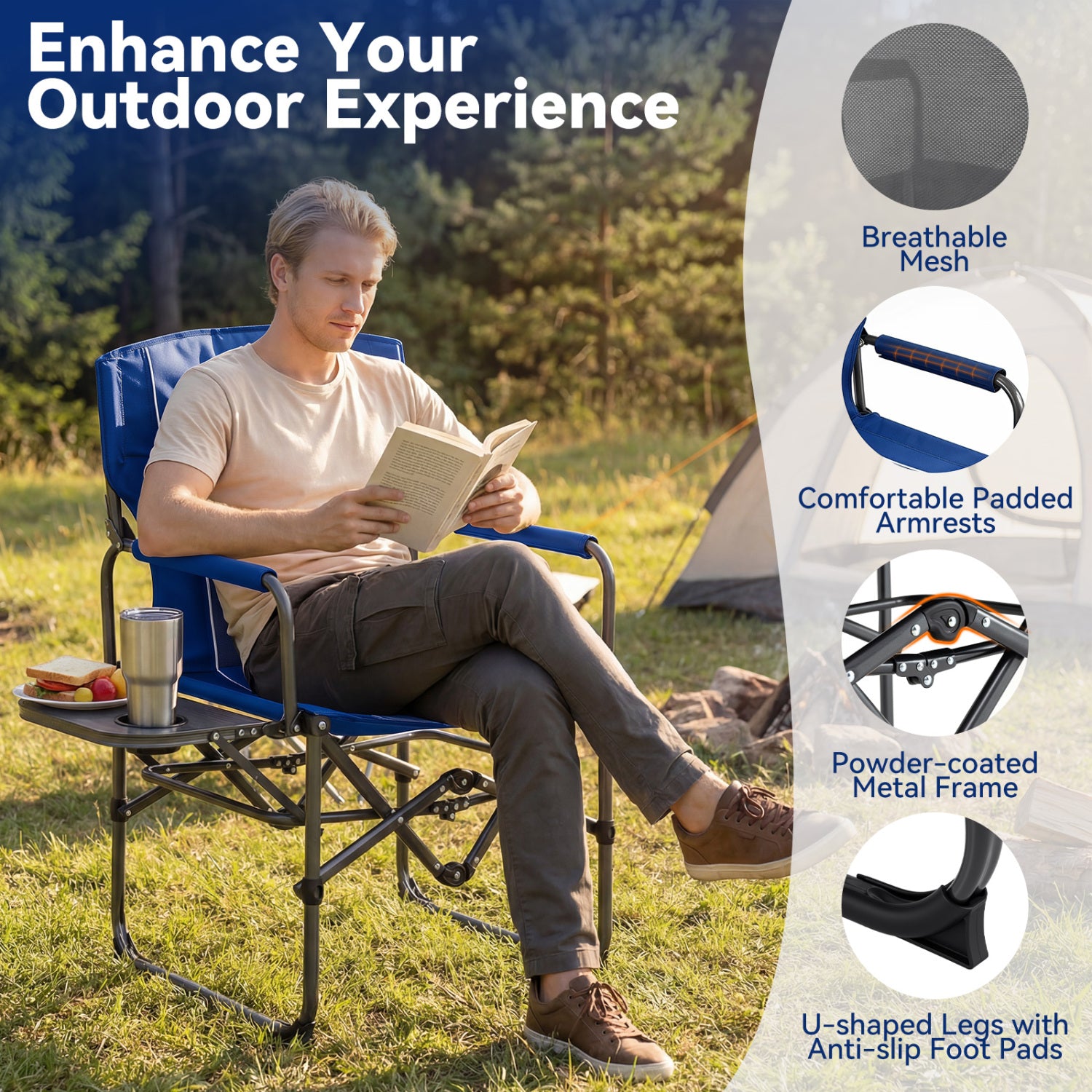 Folding Camping Chair with Side Table, Cup Holder, Navy Camping Furniture at Gallery Canada