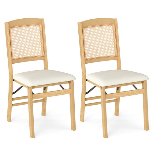 Folding Dining Chairs Set of 2, Rubber Wood, Linen Padded Seat, Natural