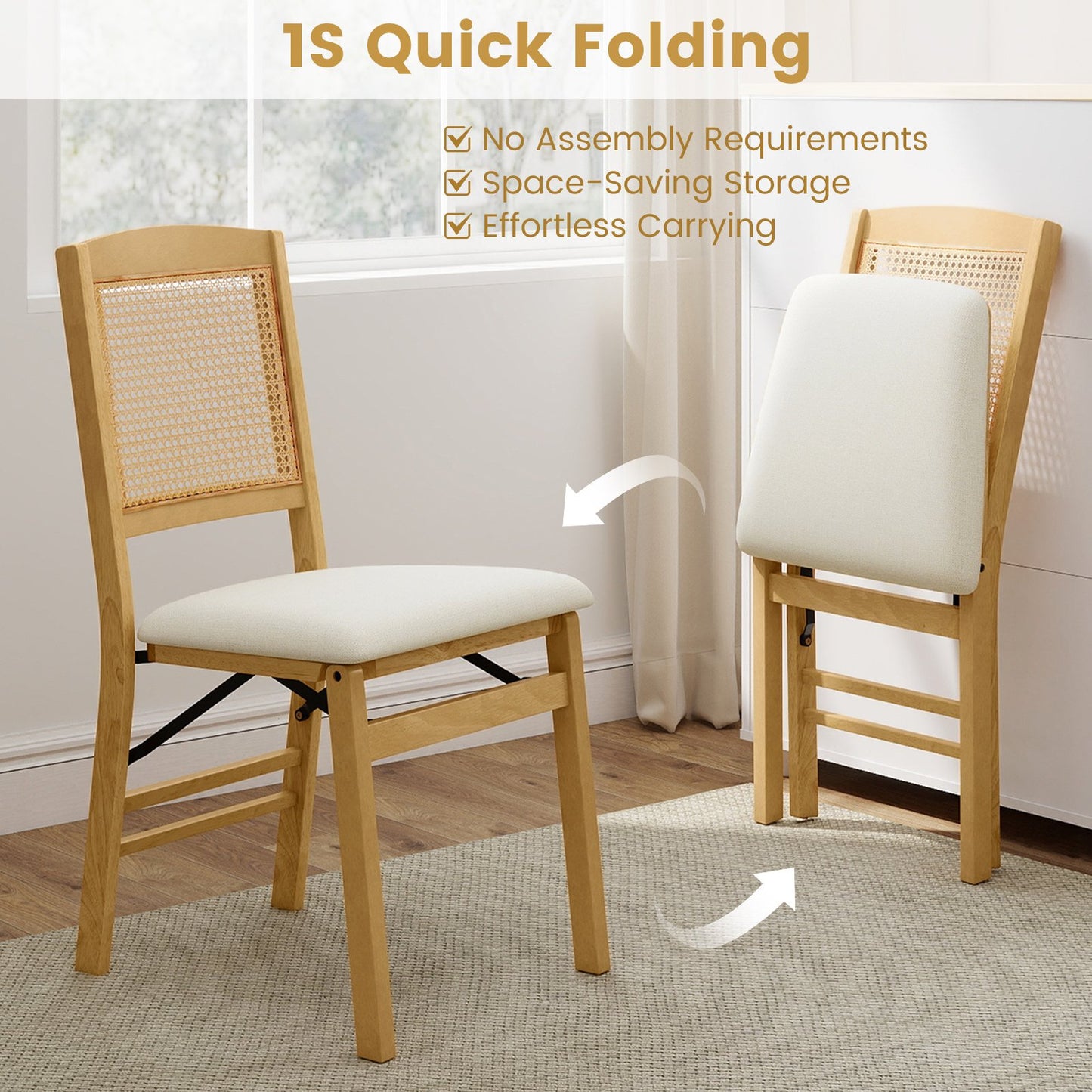 Folding Dining Chairs Set of 2, Rubber Wood, Linen Padded Seat, Natural Dining Chairs at Gallery Canada