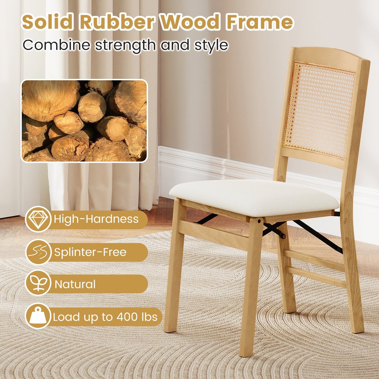 Folding Dining Chairs Set of 2, Rubber Wood, Linen Padded Seat, Natural Dining Chairs at Gallery Canada