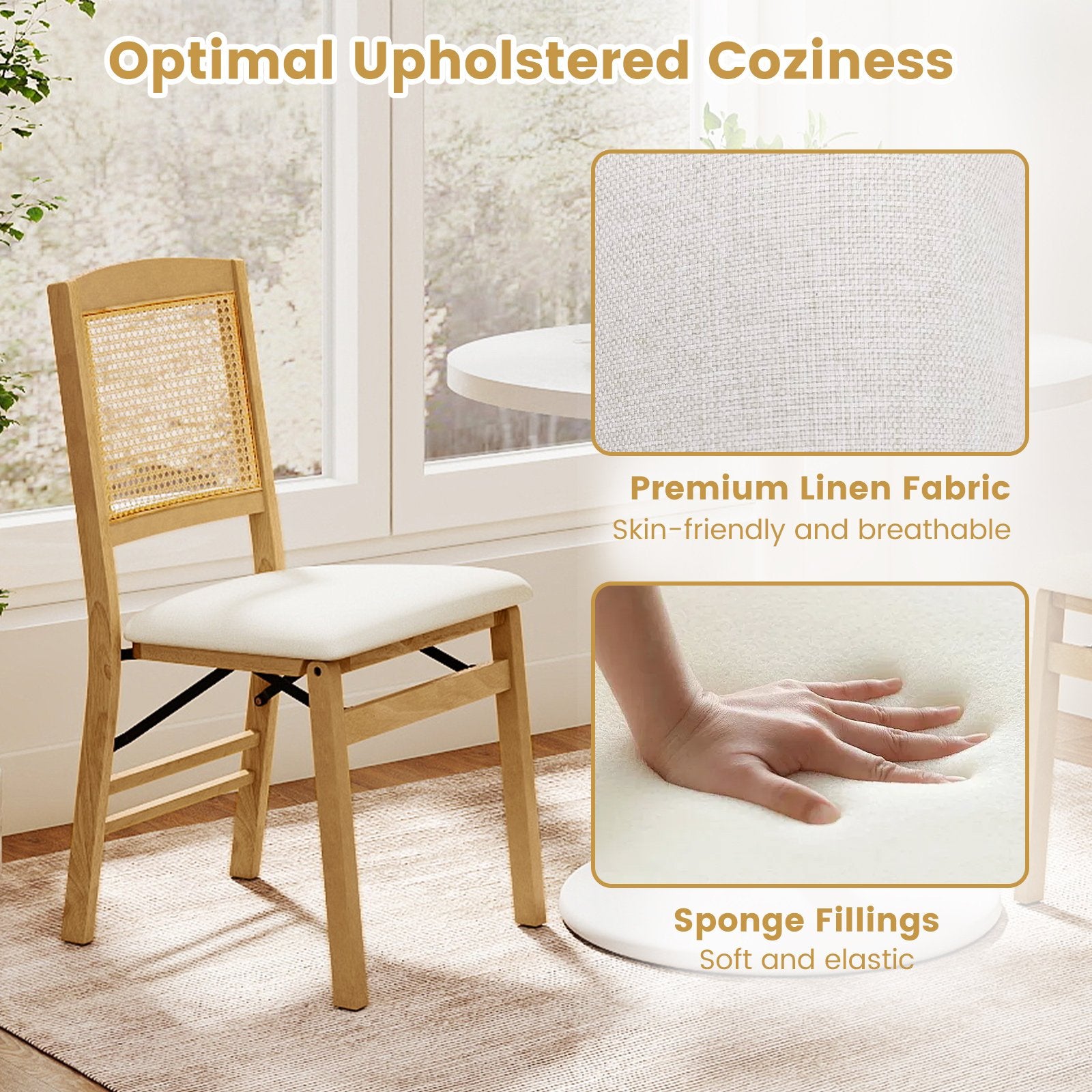 Folding Dining Chairs Set of 2, Rubber Wood, Linen Padded Seat, Natural Dining Chairs at Gallery Canada