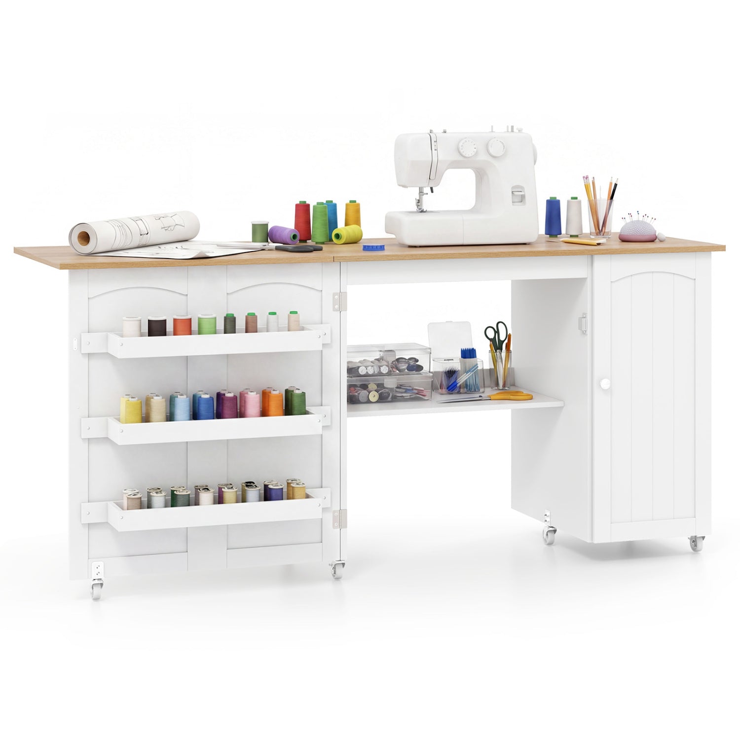 Folding Large Sewing Table With Storage, Beige Sewing Tables at Gallery Canada