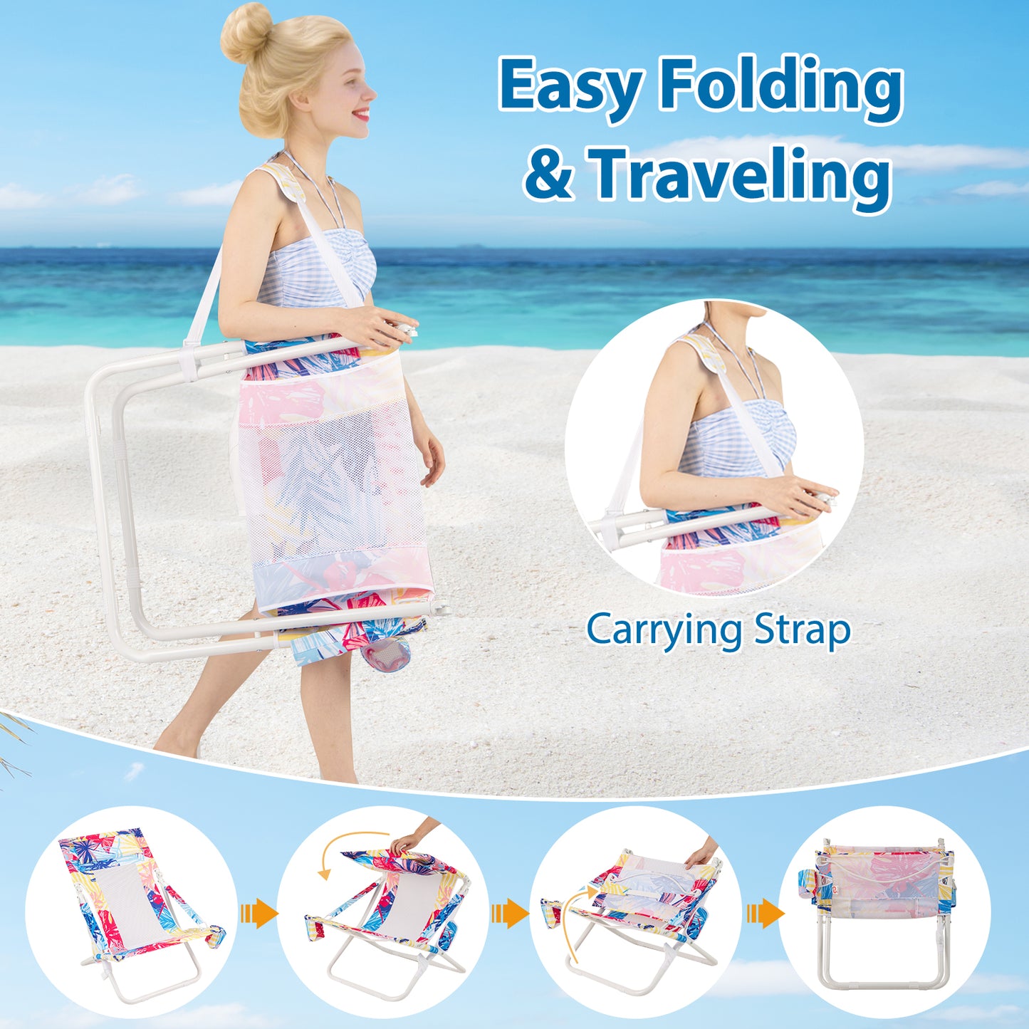 Folding Low Beach Chair Set of 2 Patio Sling Chairs with Padded Head Pillow, Pink Outdoor Benches at Gallery Canada