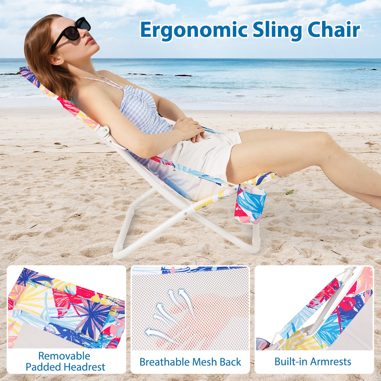 Folding Low Beach Chair Set of 2 Patio Sling Chairs with Padded Head Pillow, Pink Outdoor Benches at Gallery Canada