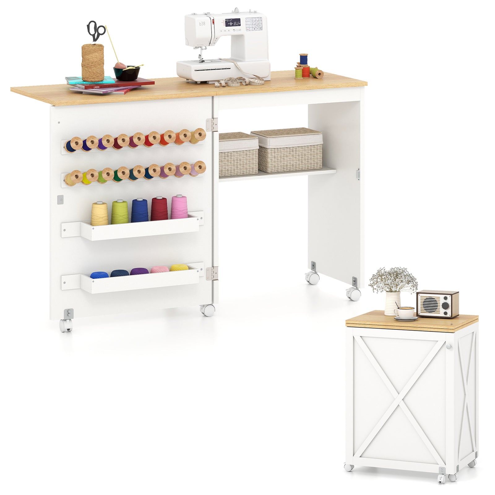 Folding Sewing Table with Storage Shelf and 5 Lockable Wheel-Natural and White, Natural & White Sewing Tables at Gallery Canada