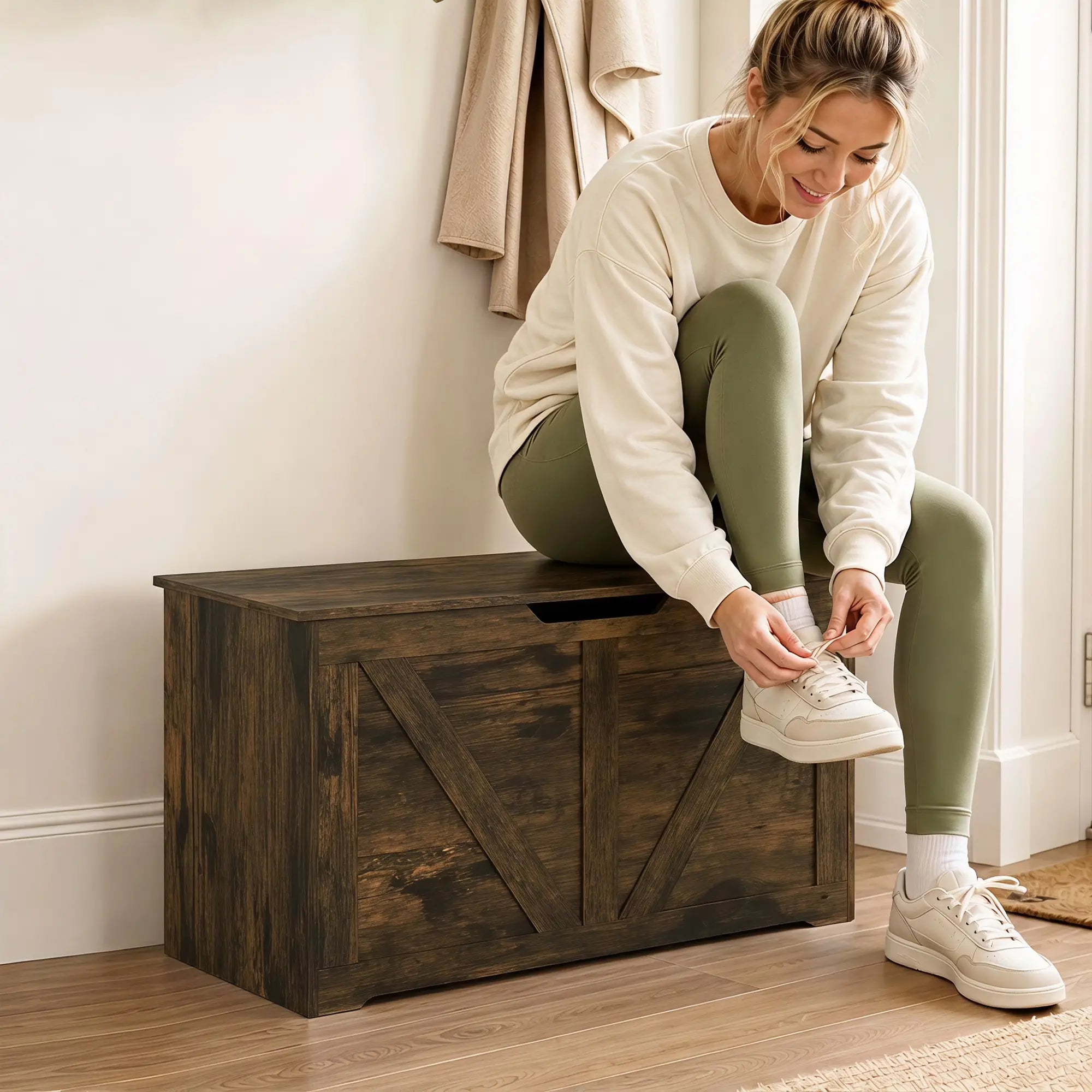 31.5 Inches Storage Chest with Safety Hinge, Rustic Brown Storage Cabinets at Gallery Canada