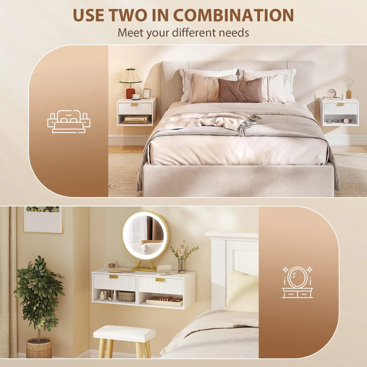 Set of 2 Floating Nightstands, Wall Mounted with Fluted Drawer and Shelf, White Bedside Tables at Gallery Canada