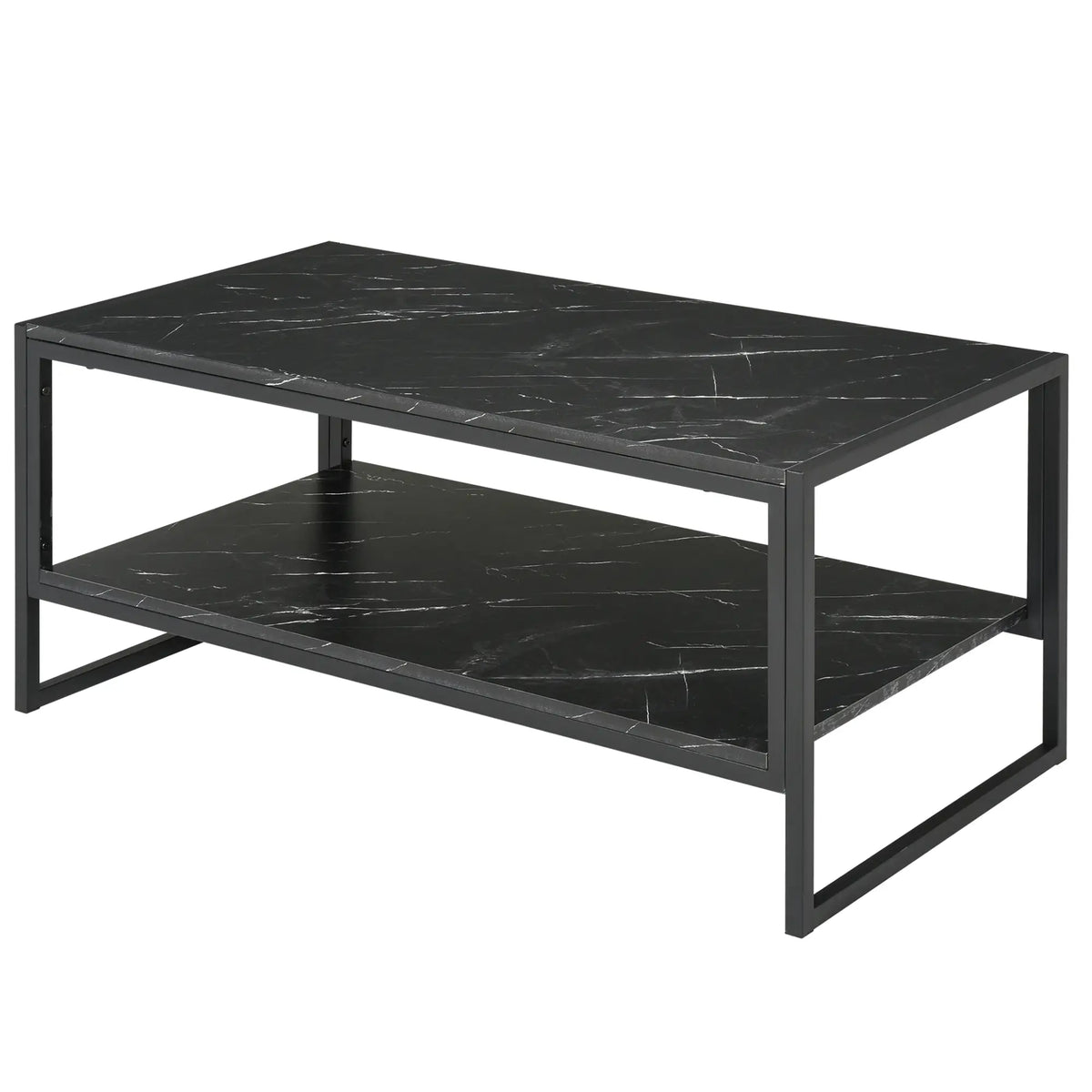 2-Tier Coffee Table with Storage, Marble Textured Top, Black Coffee Tables Black at Gallery Canada