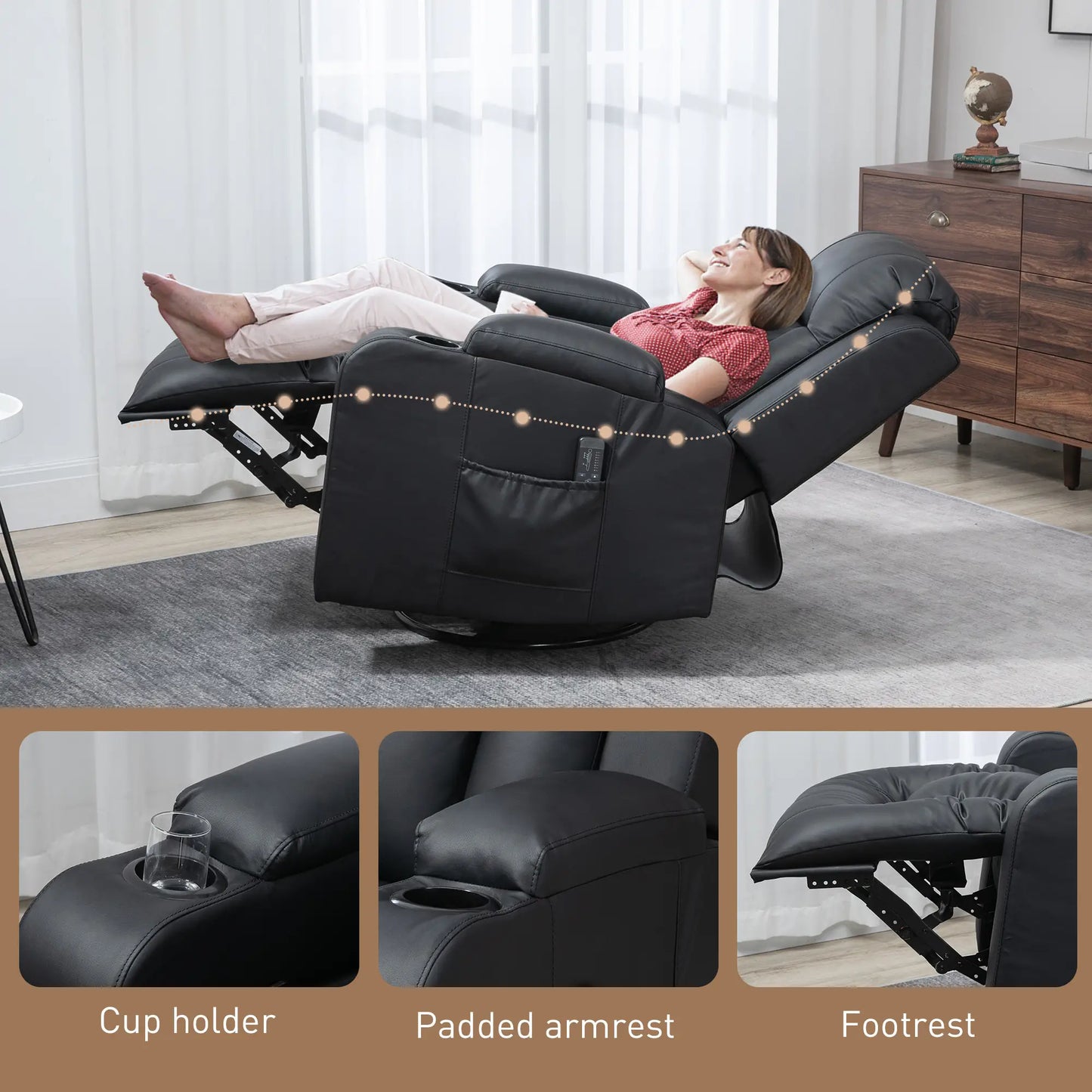 360° Swivel Massage Recliner Chair, 8 Vibration, PU Leather, Black Single Sofas at Gallery Canada