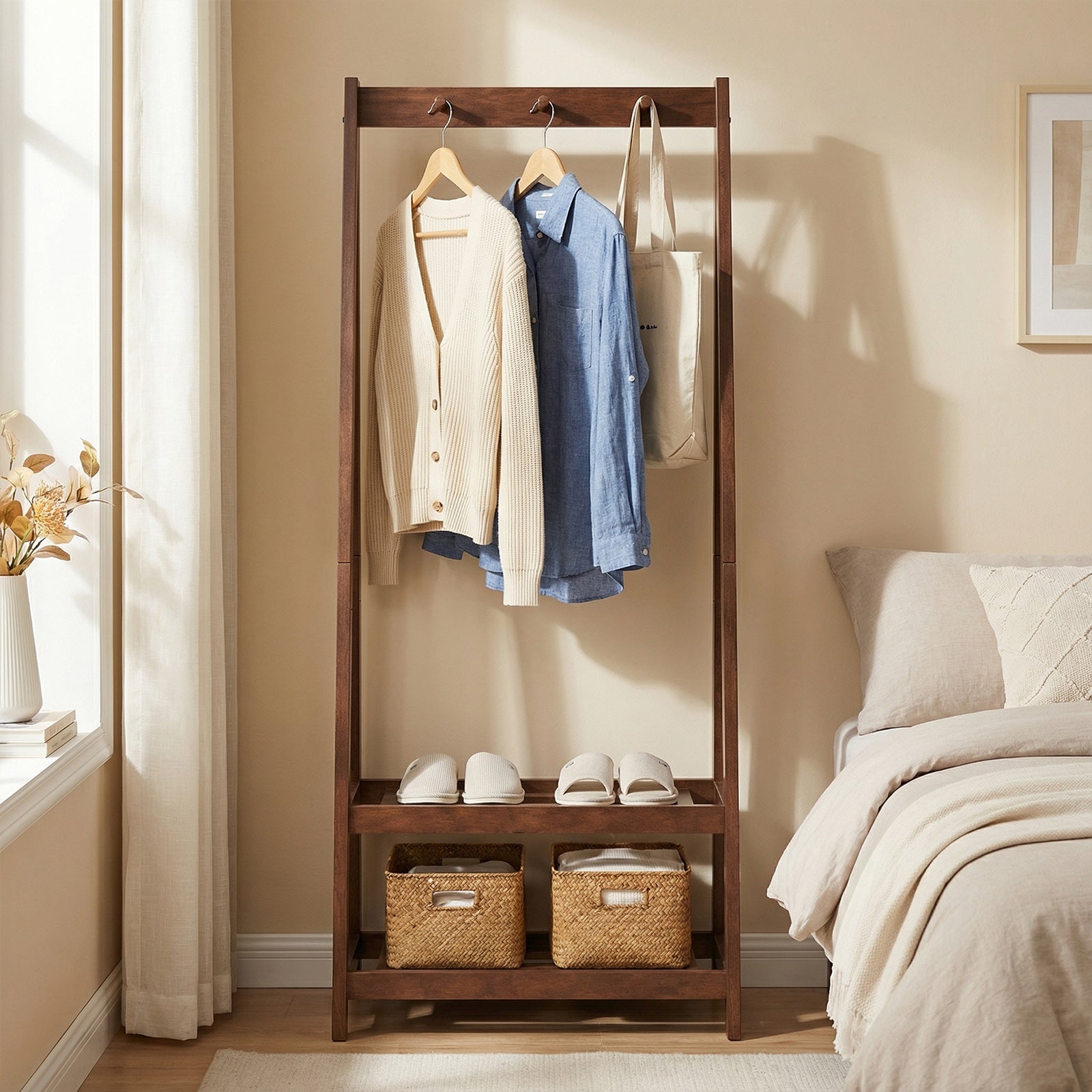 Freestanding Clothes Rack with 3 Hooks and 2 Shelves, Walnut Coat Racks & Hall Trees at Gallery Canada