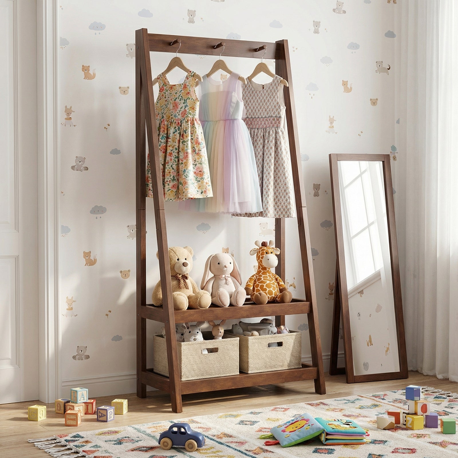 Freestanding Clothes Rack with 3 Hooks and 2 Shelves, Walnut Coat Racks & Hall Trees at Gallery Canada