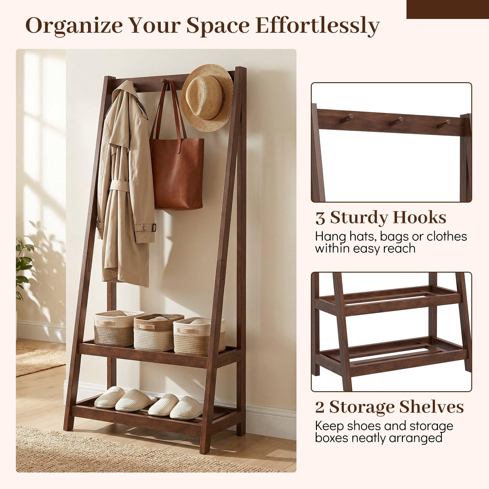 Freestanding Clothes Rack with 3 Hooks and 2 Shelves, Walnut Coat Racks & Hall Trees at Gallery Canada