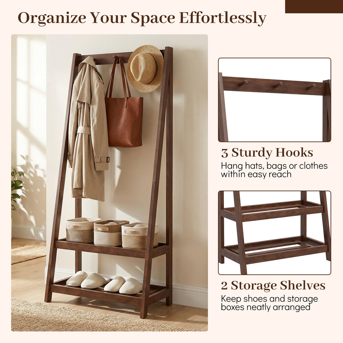 Freestanding Clothes Rack with 3 Hooks and 2 Shelves, Walnut Coat Racks & Hall Trees at Gallery Canada