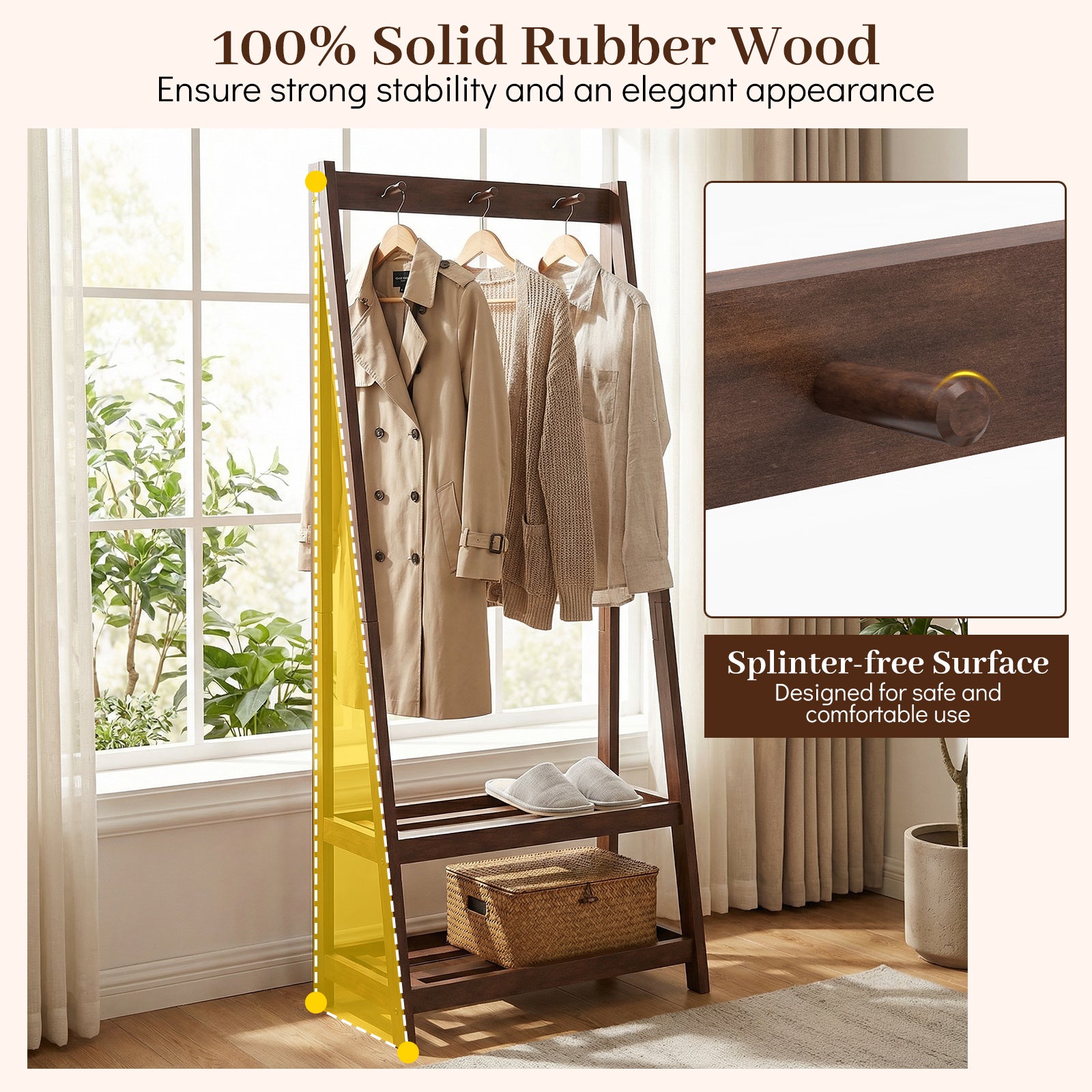 Freestanding Clothes Rack with 3 Hooks and 2 Shelves, Walnut Coat Racks & Hall Trees at Gallery Canada