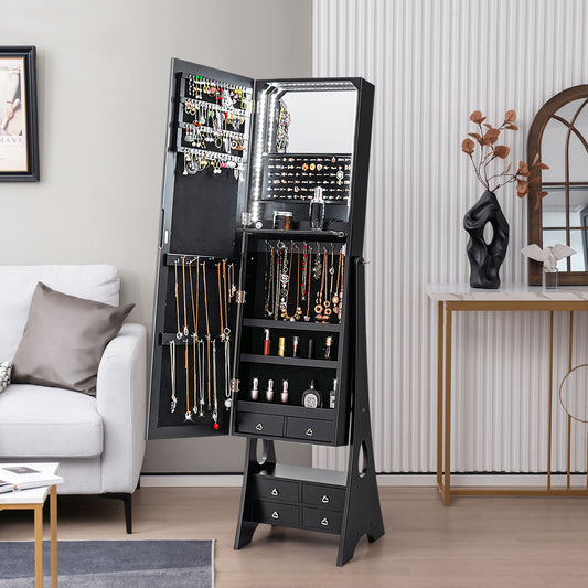 Full Length LED Mirrored Jewelry Armoire, 6 Drawers, Black Jewelry Armoires Black at Gallery Canada