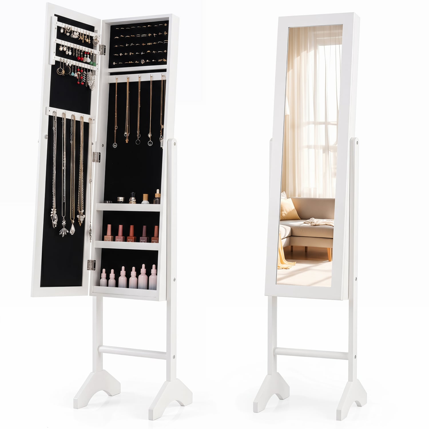 Freestanding Jewelry Armoire with Velvet Lining and Full Length Mirror, White Jewelry Armoires White at Gallery Canada