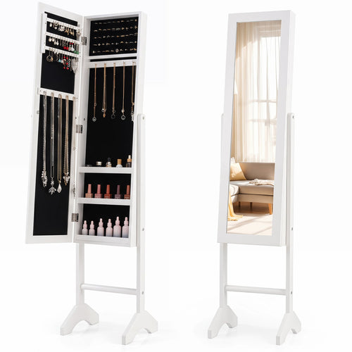 Freestanding Jewelry Armoire with Velvet Lining and Full Length Mirror, White