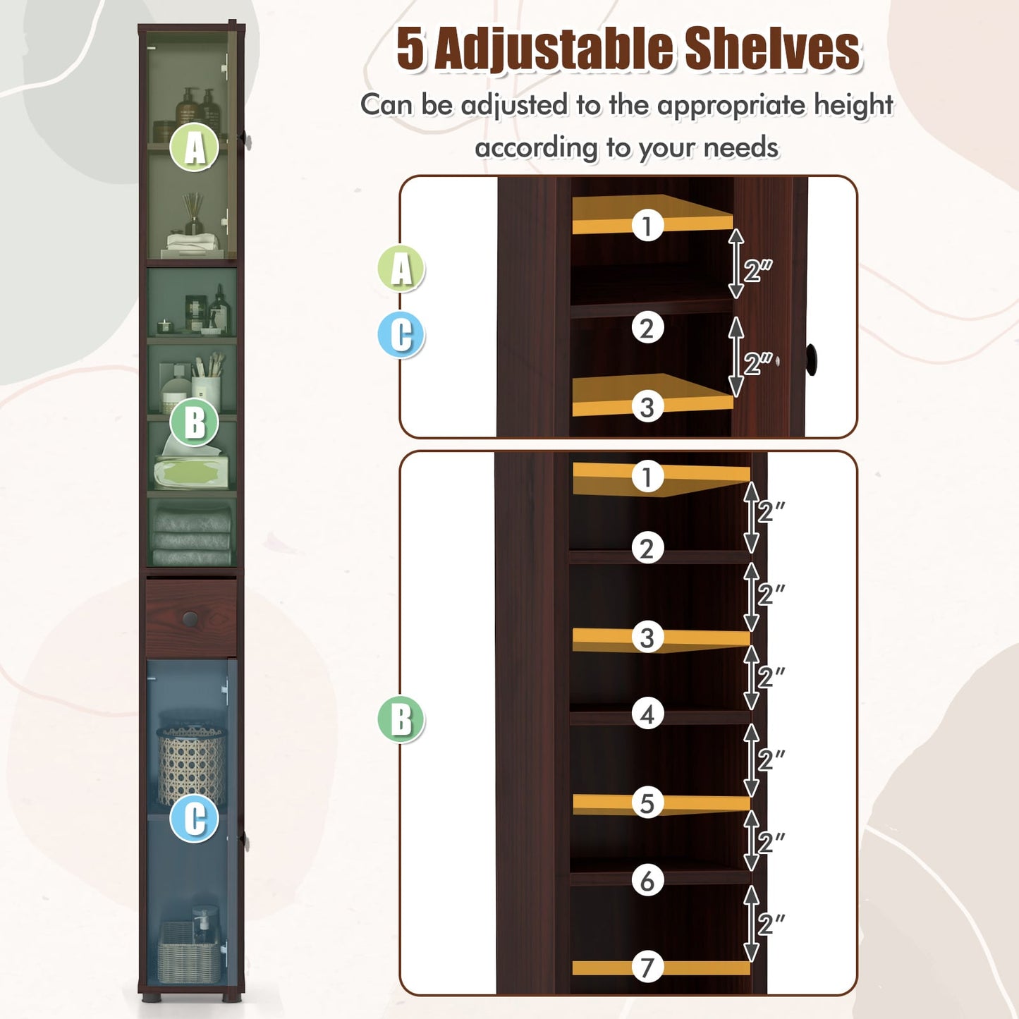 Slim Bathroom Cabinet With Drawer, Adjustable Shelves, Brown Floor Cabinets at Gallery Canada