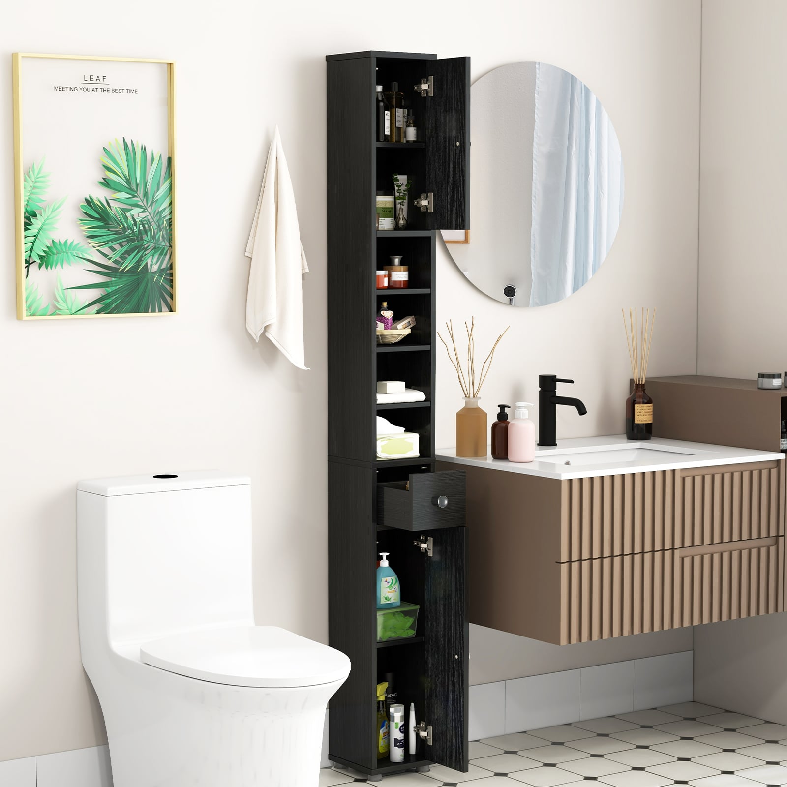Slim Bathroom Cabinet With Drawer, Adjustable Shelves, Black Floor Cabinets at Gallery Canada