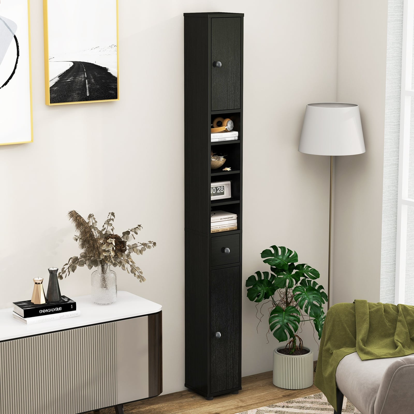 Slim Bathroom Cabinet With Drawer, Adjustable Shelves, Black Floor Cabinets at Gallery Canada
