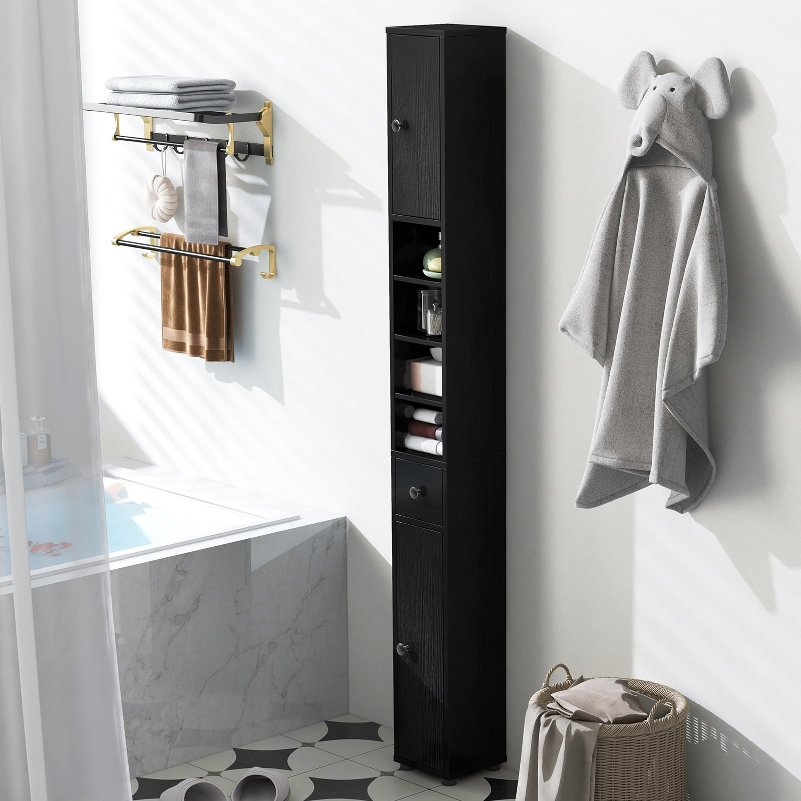 Slim Bathroom Cabinet With Drawer, Adjustable Shelves, Black Floor Cabinets at Gallery Canada