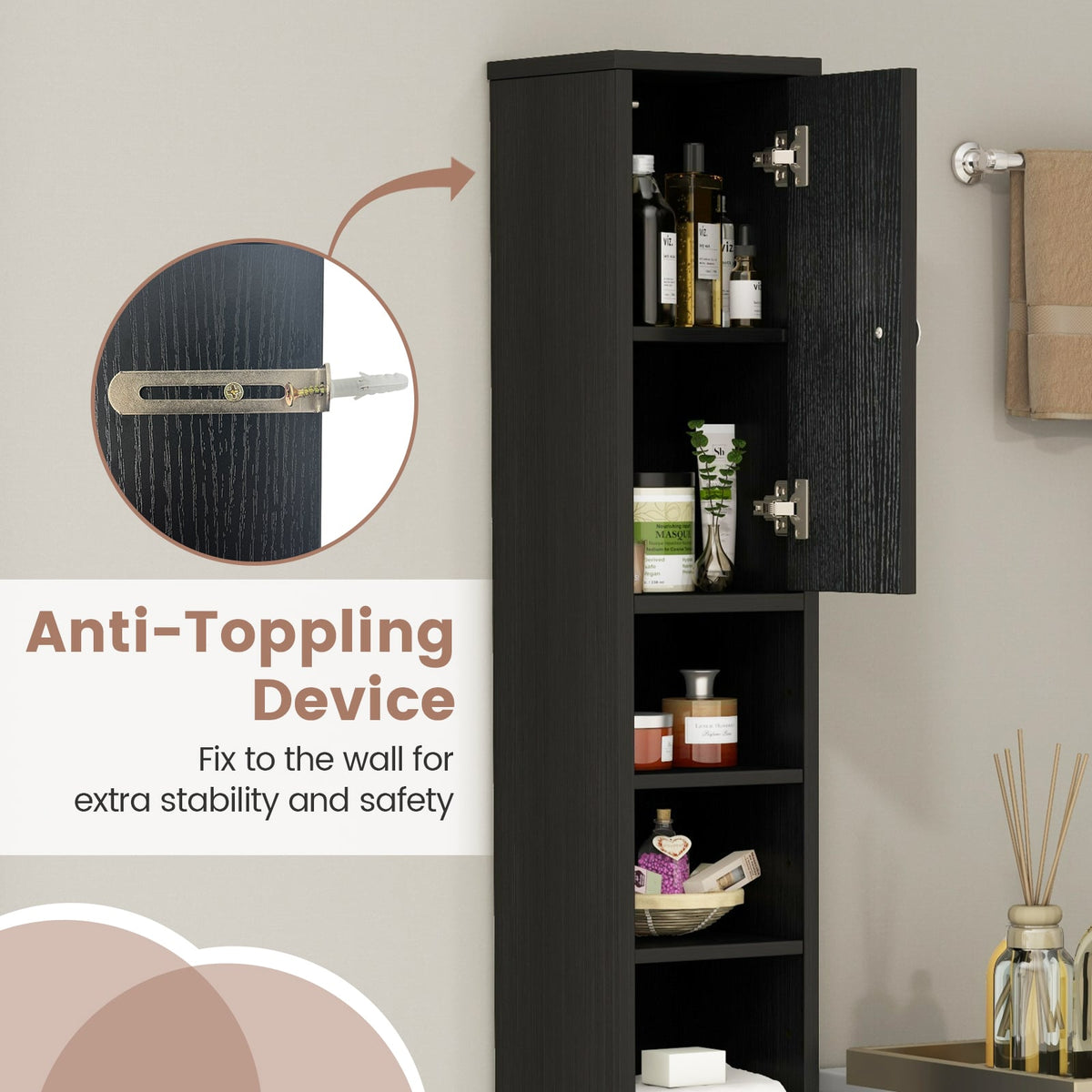 Slim Bathroom Cabinet With Drawer, Adjustable Shelves, Black Floor Cabinets at Gallery Canada