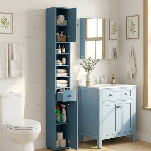 Slim Bathroom Cabinet With Drawer, Adjustable Shelves, Blue