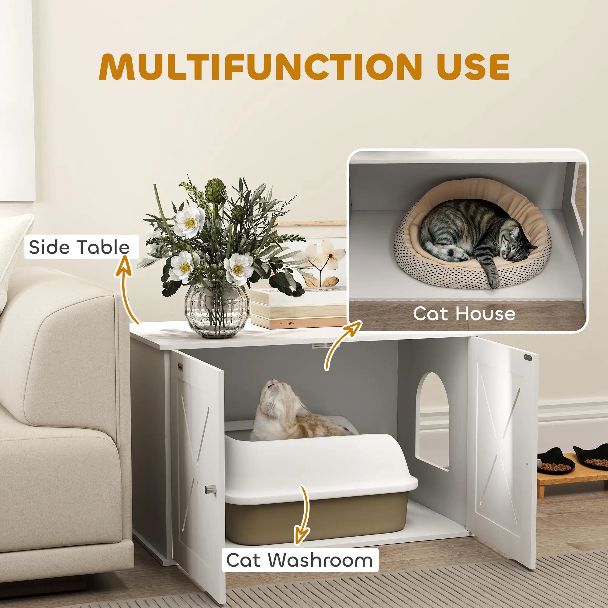 Hidden Cat Litter Box Enclosure, Double Doors, Hole, 31.5