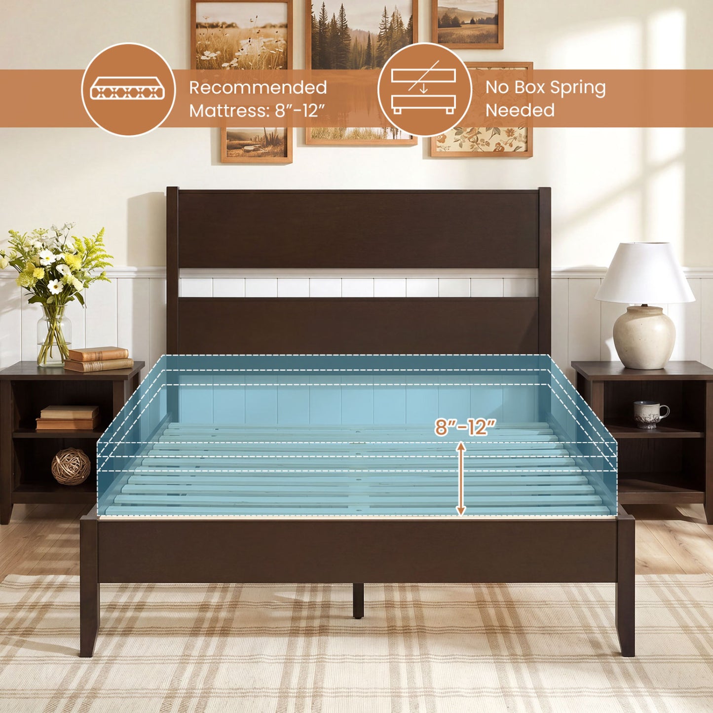 Full Bed Frame, Solid Wood Legs, 12 Slats, Dark Walnut Beds & Bed Frames at Gallery Canada