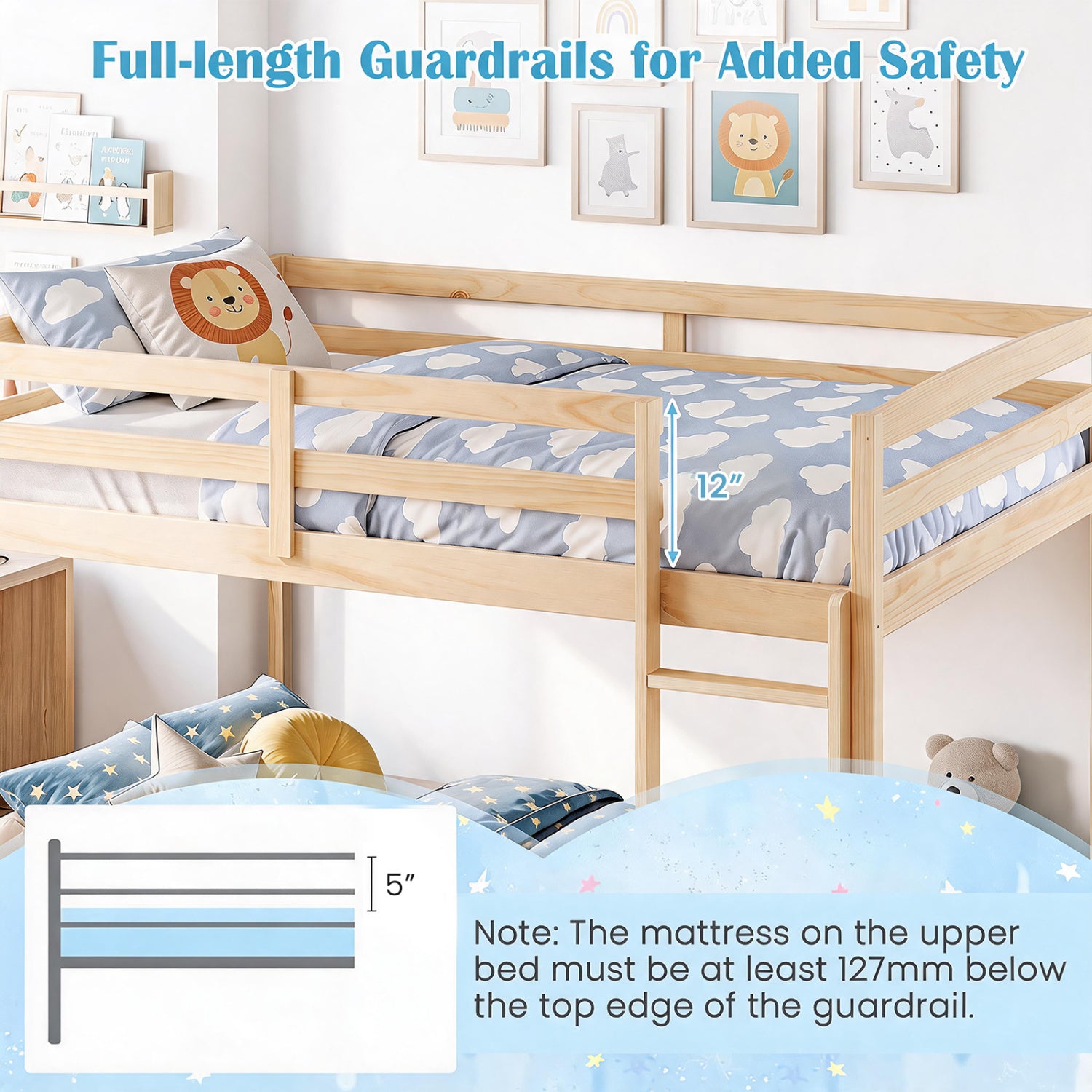 Solid Wood Full Over Full Bunk Bed, Ladder, Guardrails, Natural Bunk Bed Frame at Gallery Canada