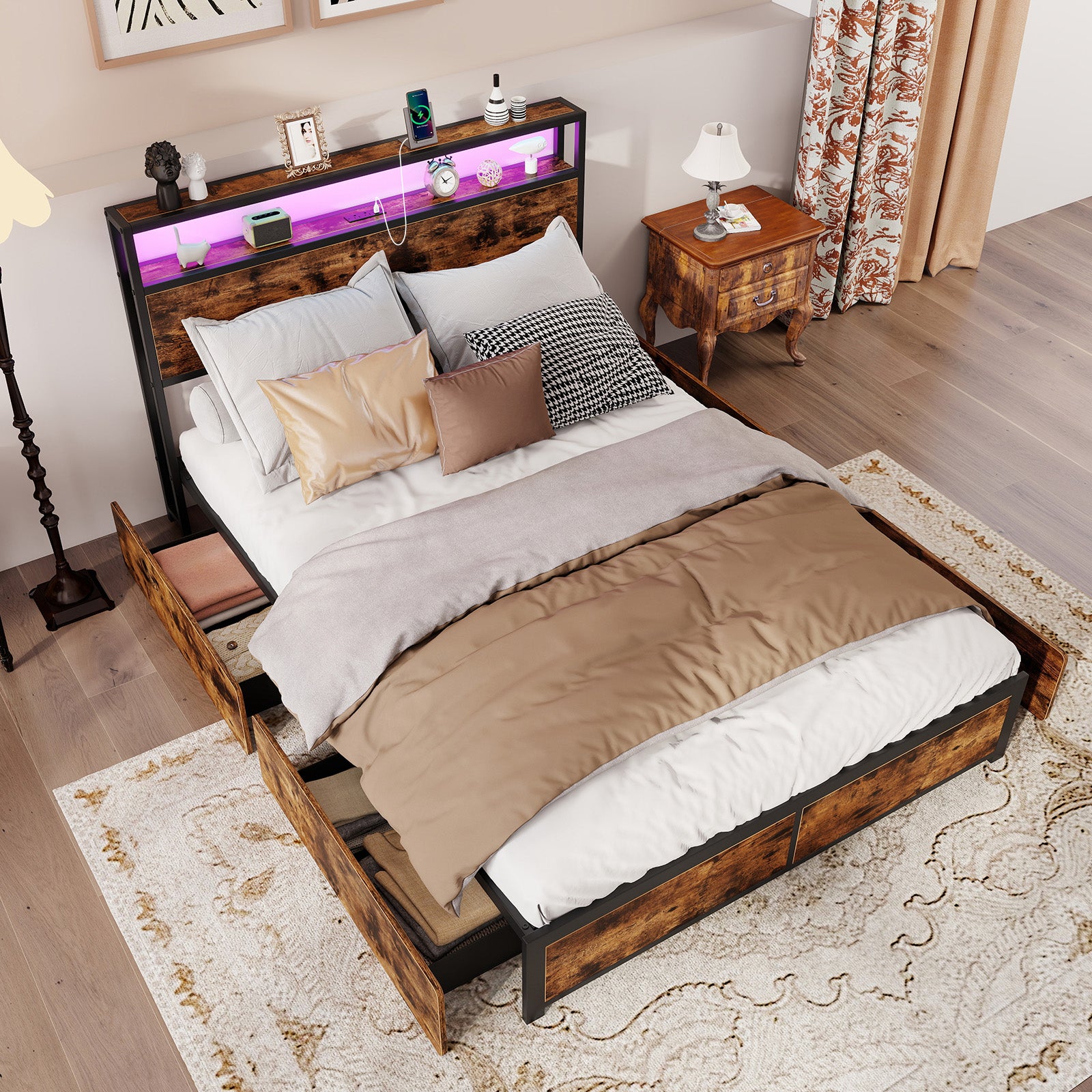 Full Queen Size LED Bed Frame, Charging Station, 4 Storage Drawers Simple Bed Frame at Gallery Canada