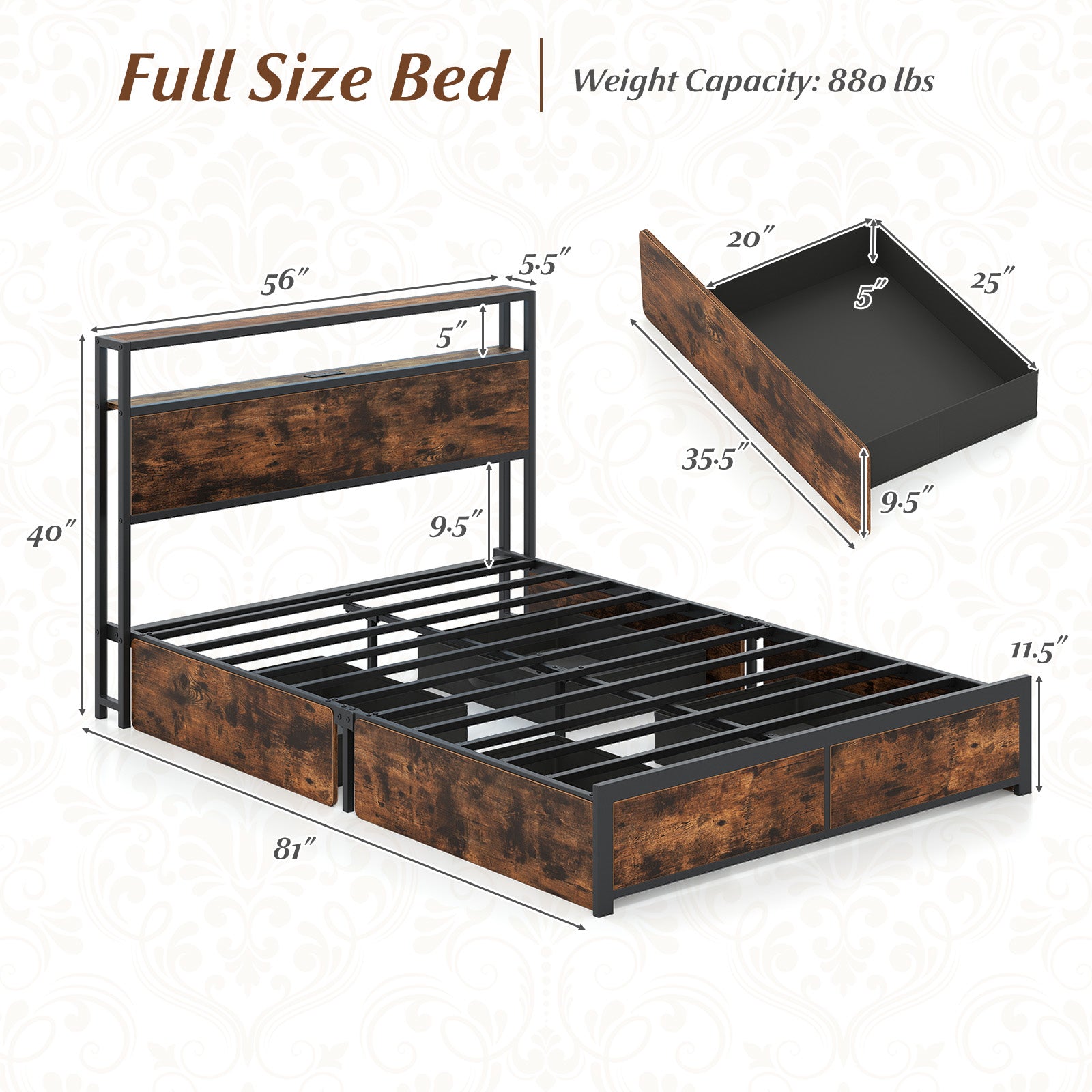 Full Queen Size LED Bed Frame, Charging Station, 4 Storage Drawers Simple Bed Frame at Gallery Canada
