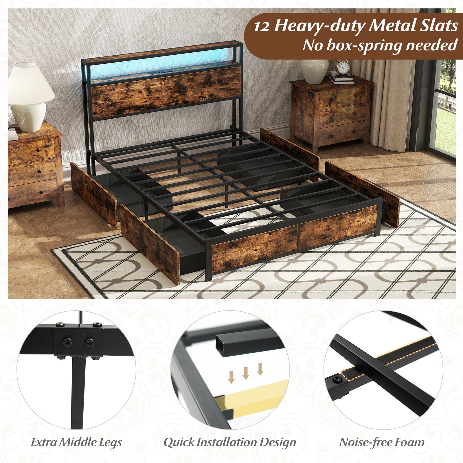 Full Queen Size LED Bed Frame, Charging Station, 4 Storage Drawers Simple Bed Frame at Gallery Canada