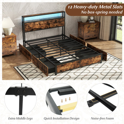 Full Queen Size LED Bed Frame, Charging Station, 4 Storage Drawers Simple Bed Frame at Gallery Canada