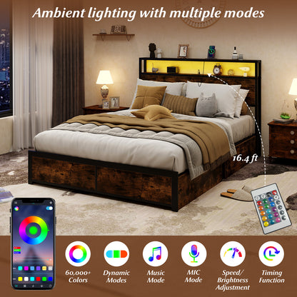 Full Queen Size LED Bed Frame, Charging Station, 4 Storage Drawers Simple Bed Frame at Gallery Canada