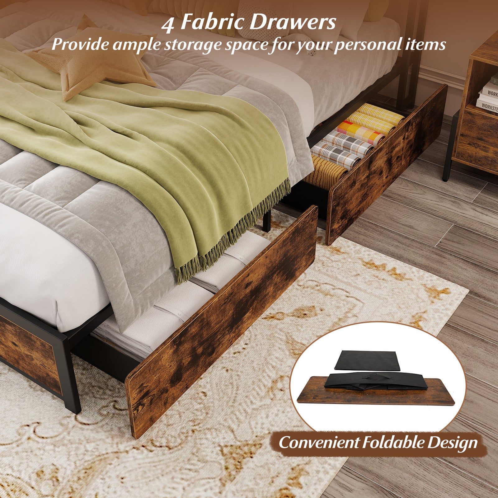 Full Queen Size LED Bed Frame, Charging Station, 4 Storage Drawers Simple Bed Frame at Gallery Canada