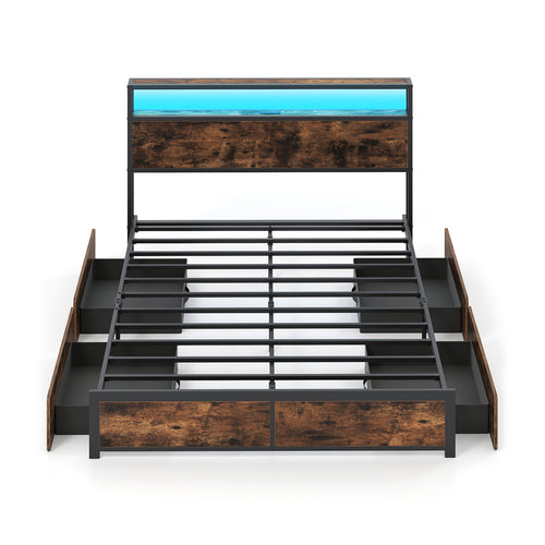 Full/Queen Size LED Bed Frame with Charging Station and 4 Storage Drawers-Queen