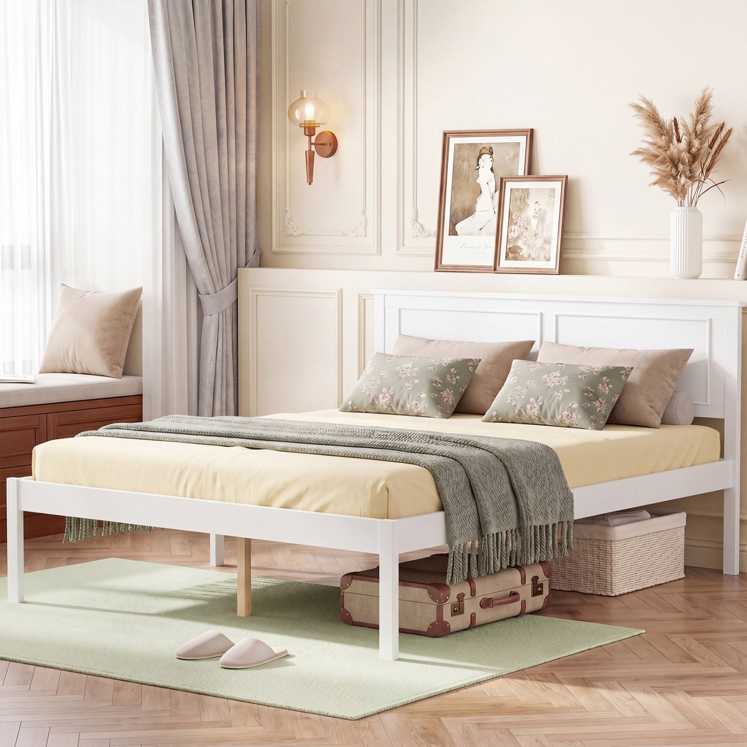Full Size Farmhouse Wooden Platform Bed with Headboard, White Simple Bed Frame at Gallery Canada