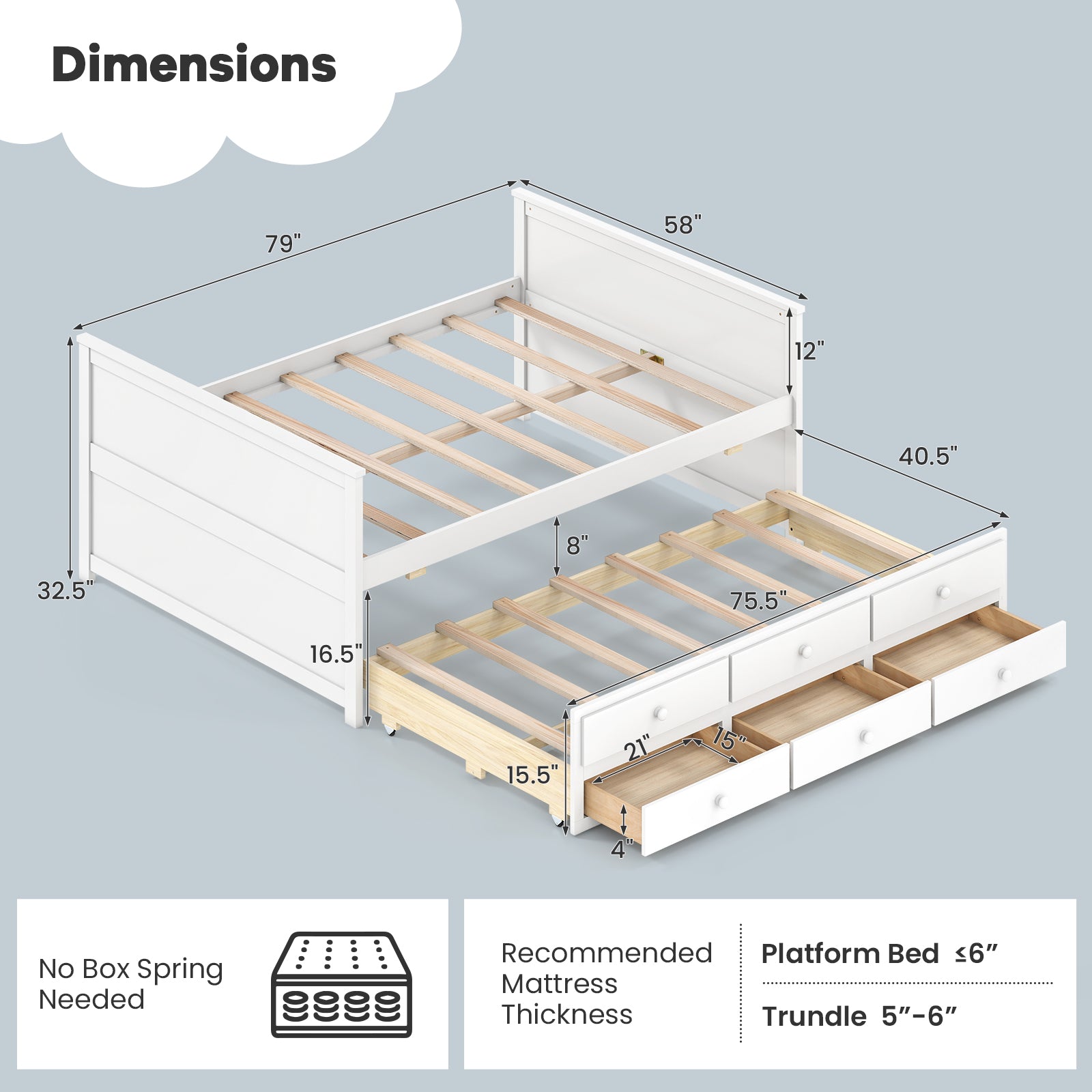 Full Size Bed Frame With Twin Trundle, 3 Storage Drawers, White Trundle Bed Frame at Gallery Canada