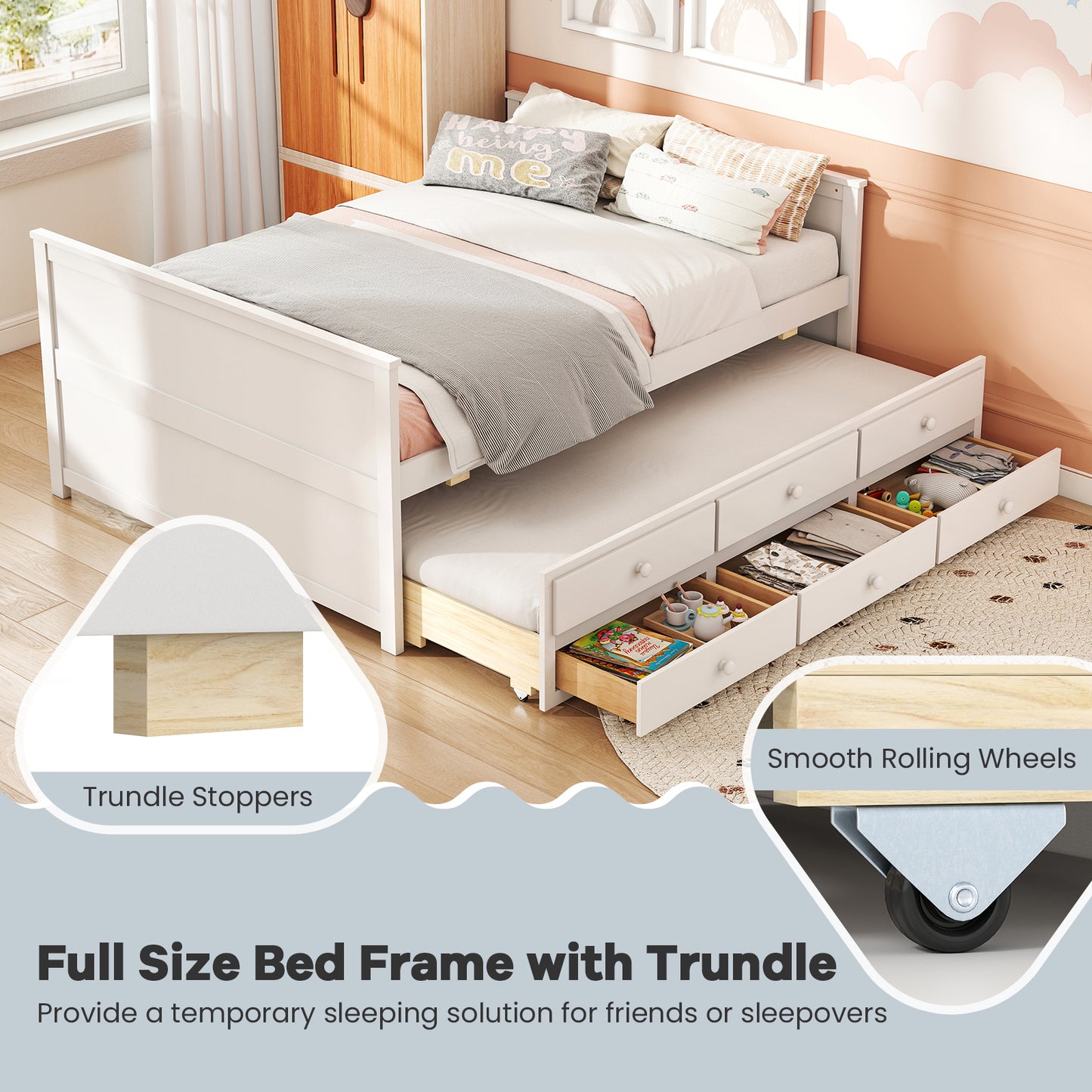 Full Size Bed Frame With Twin Trundle, 3 Storage Drawers, White Trundle Bed Frame at Gallery Canada