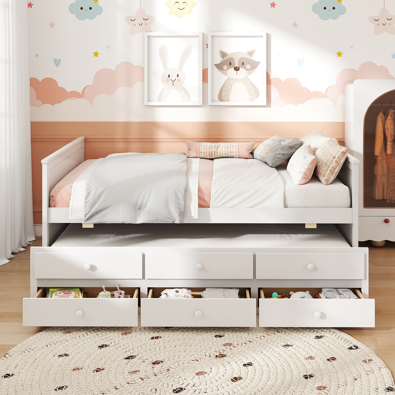 Full Size Bed Frame With Twin Trundle, 3 Storage Drawers, White Trundle Bed Frame at Gallery Canada