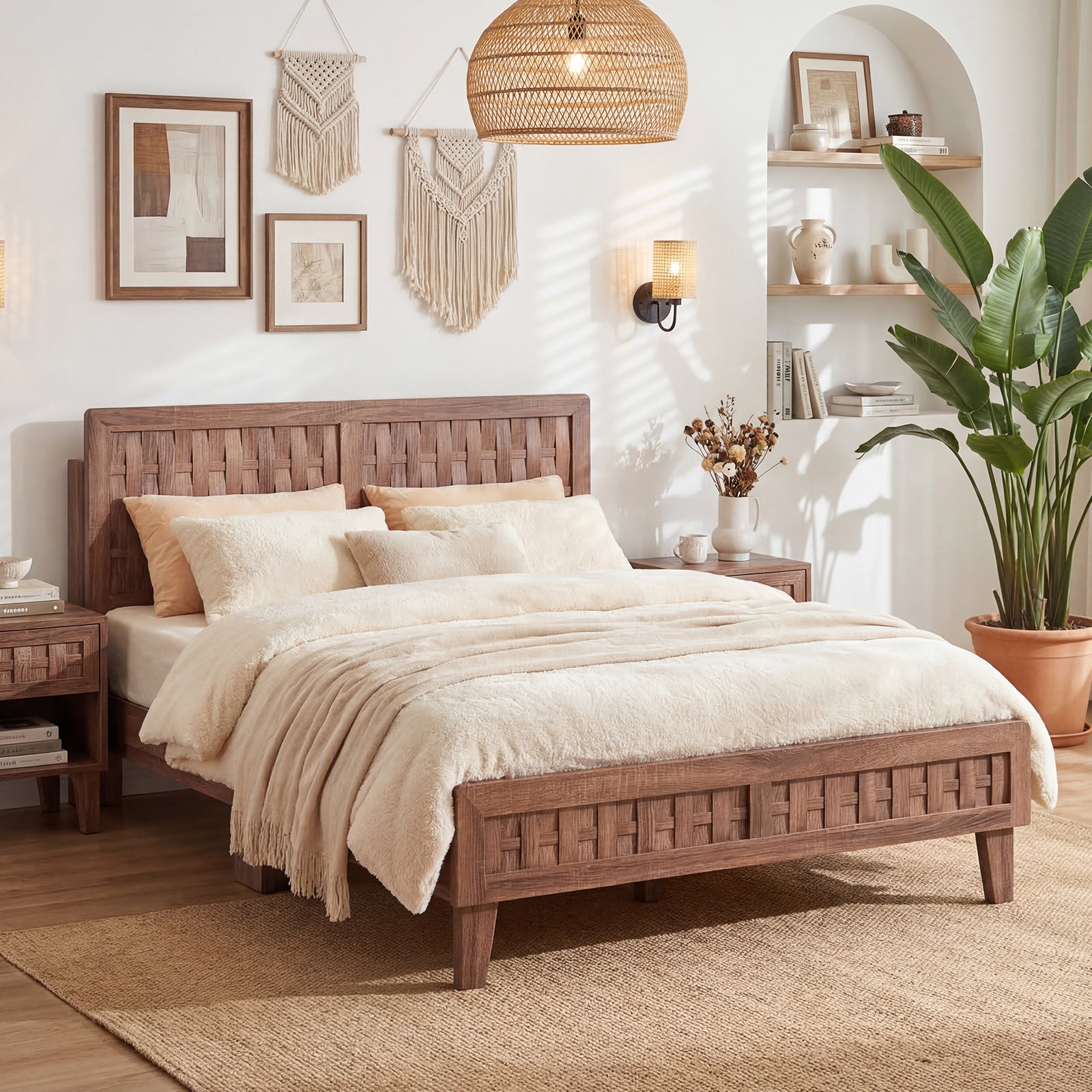 Full Size Bed Frame With Woven Headboard, Walnut Simple Bed Frame at Gallery Canada