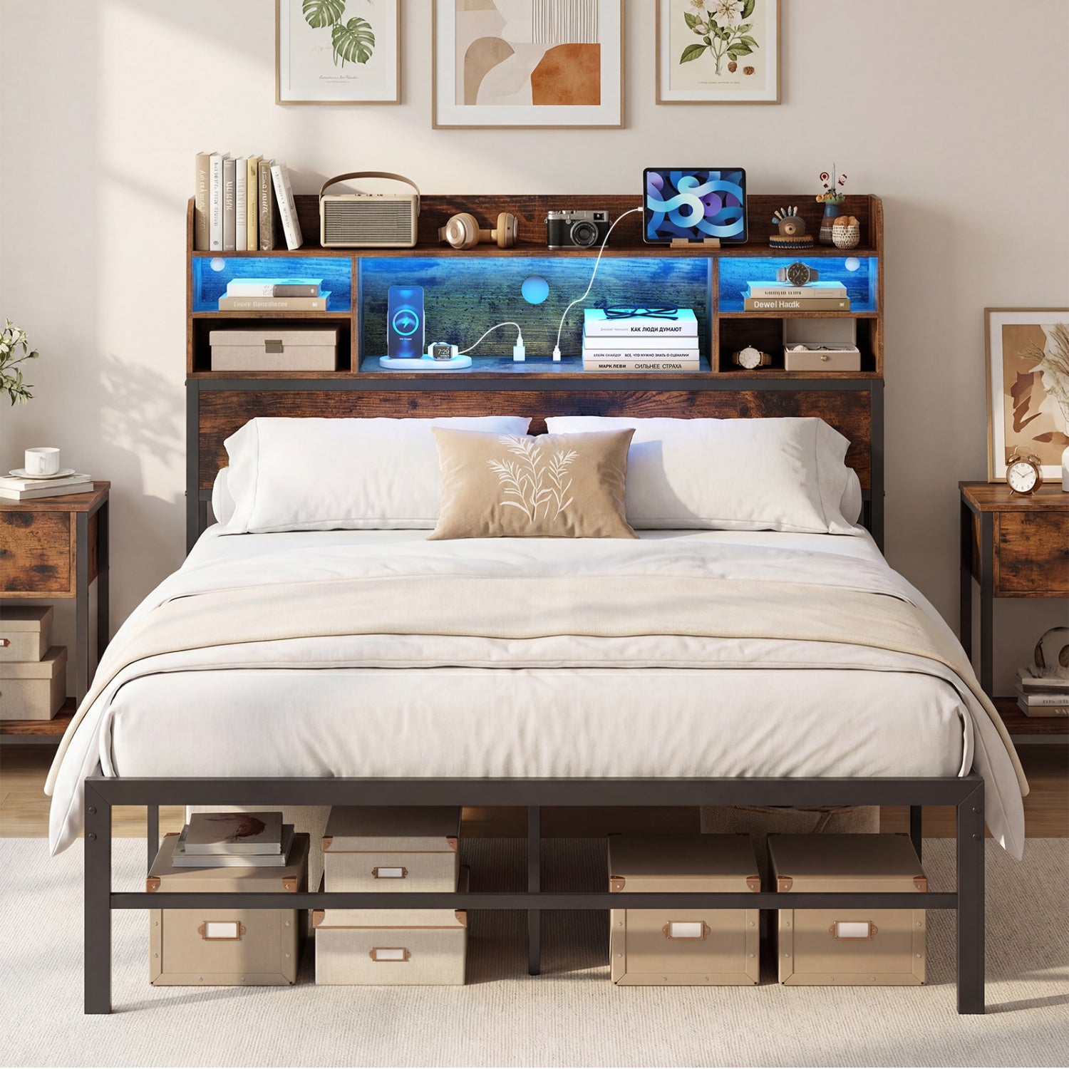 Full Size Bed Frame with LED Lights, Charging Station, Rustic Brown Simple Bed Frame at Gallery Canada