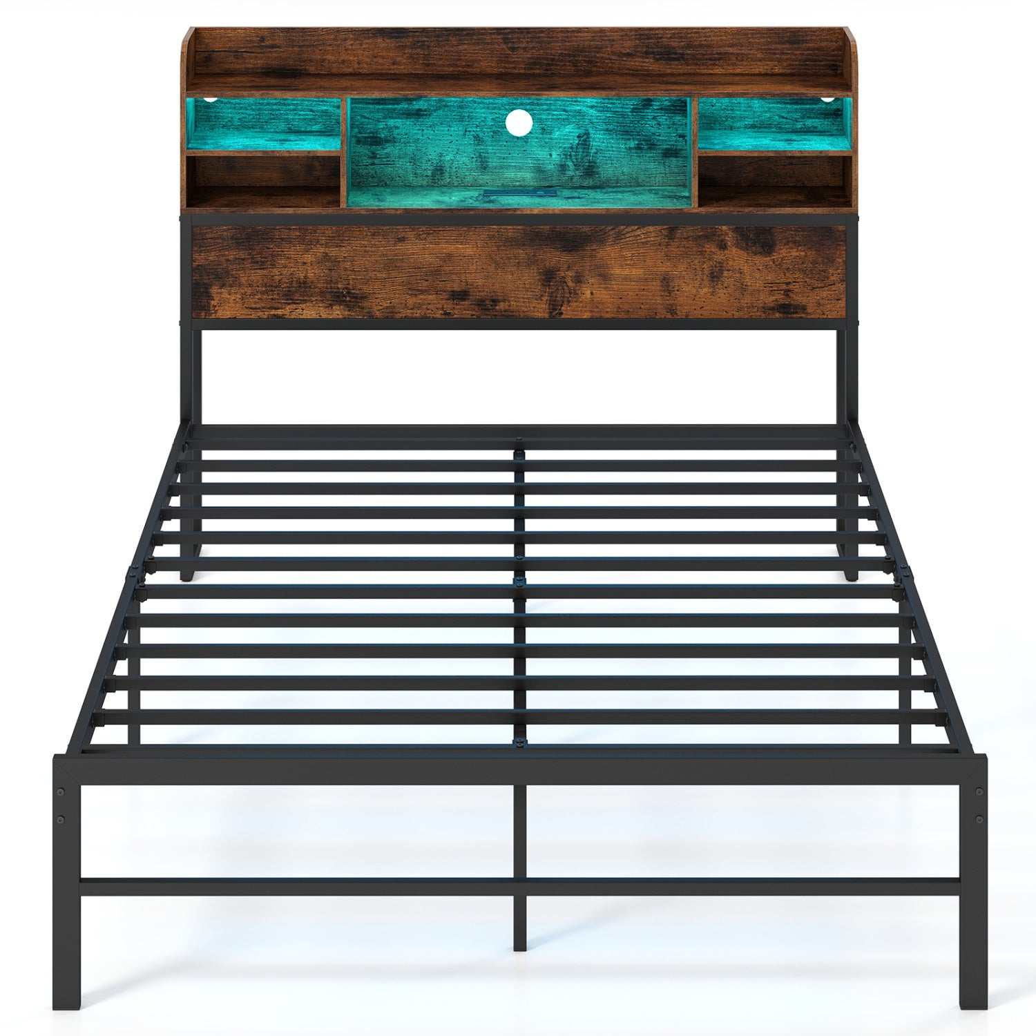 Full Size Bed Frame with LED Lights, Charging Station, Rustic Brown Simple Bed Frame at Gallery Canada